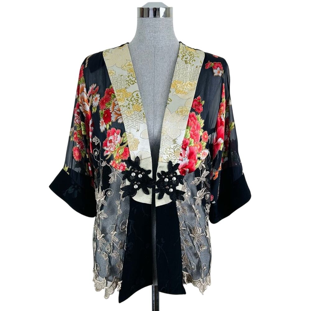 Spencer Alexis VTG Floral Kimono Jacket with Embroidered Details and Lace Size M